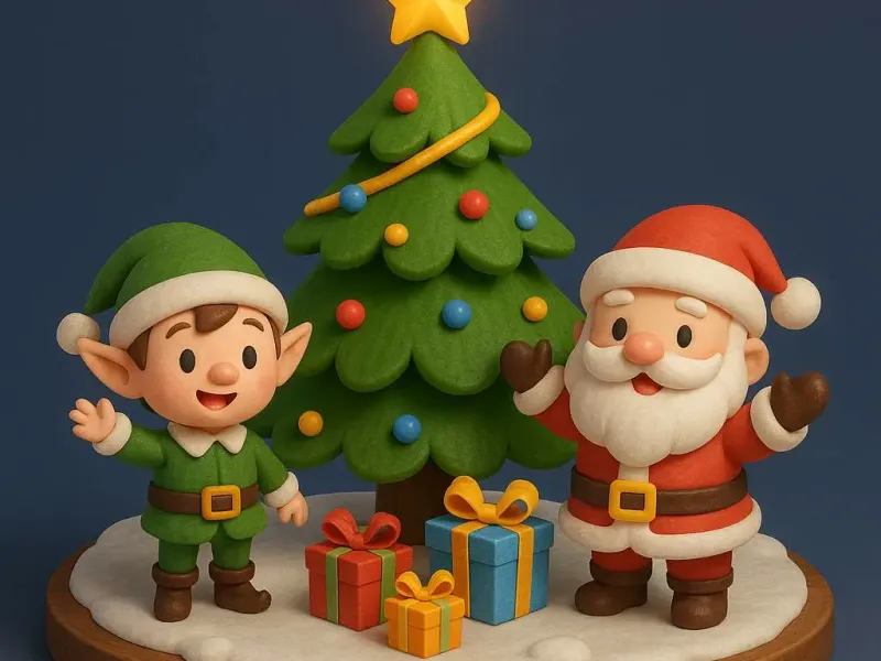 クリスマスジオラマ - サンタ、エルフ、クリスマスツリー、プレゼント