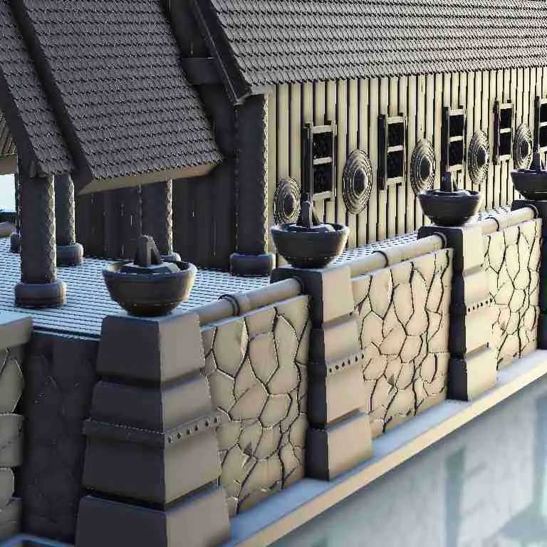 Gran templo vikingo con escaleras - escenografía medieval en miniatura
