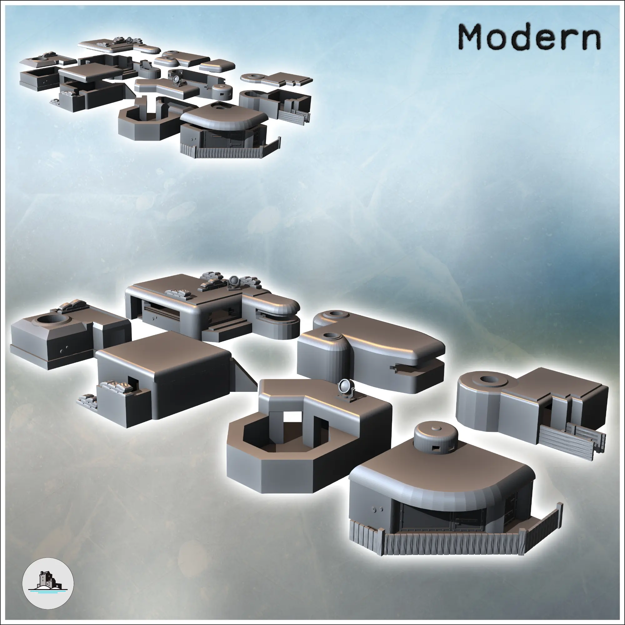 Set of seven military bunkers with different configurations