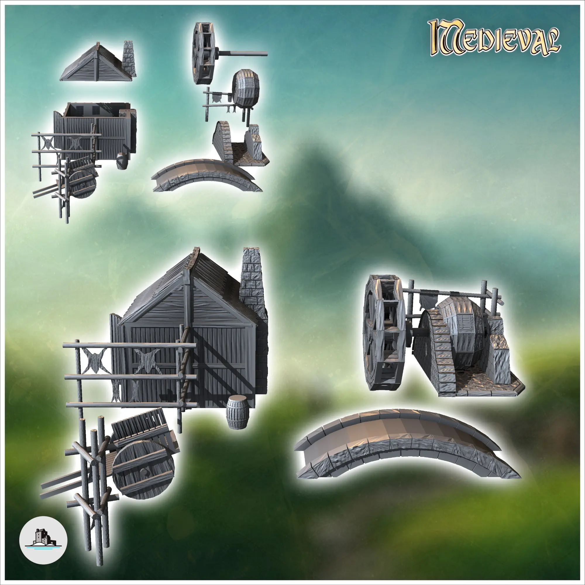 Medieval house set with bridge, water mill and skin drying r