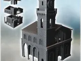 Large classical tile-roofed building with stone walls clock-0