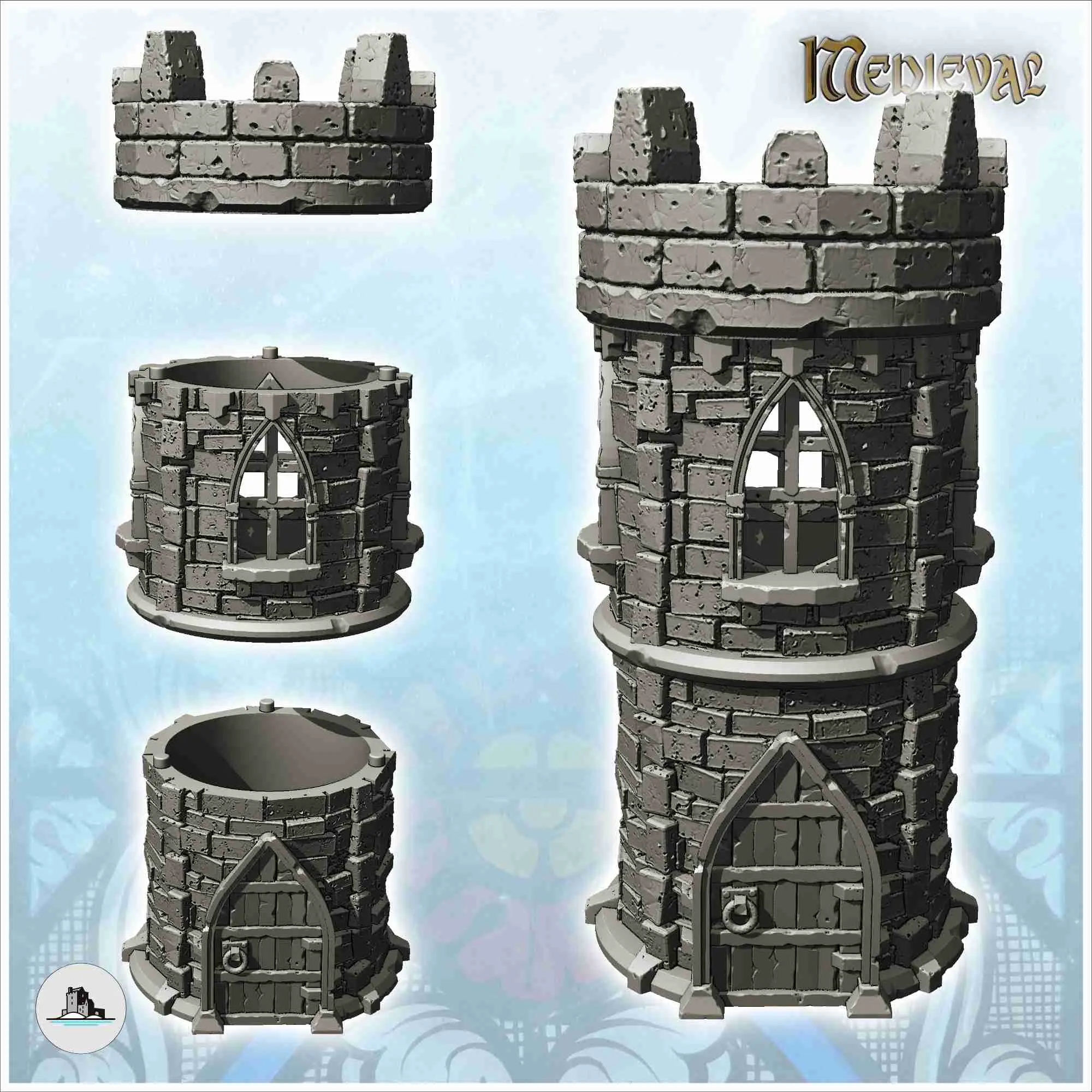 Turn medieval rotund din piatră cu creneluri și fereastră gotică