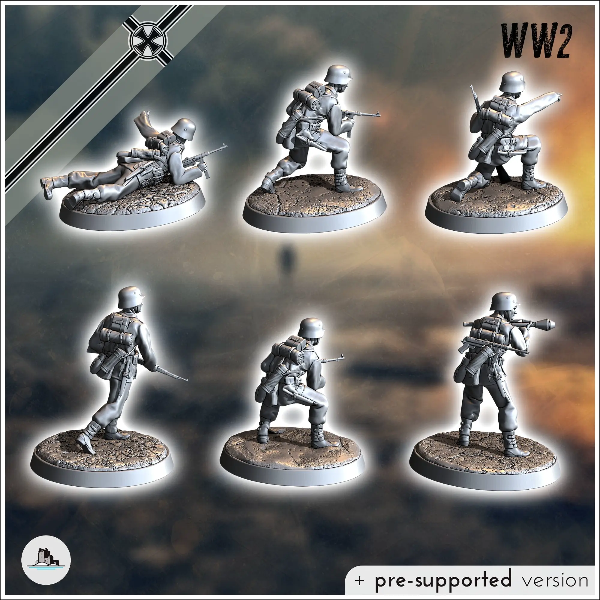 Set of six German WW2 infantry troops (with MP40, Panzerfaus