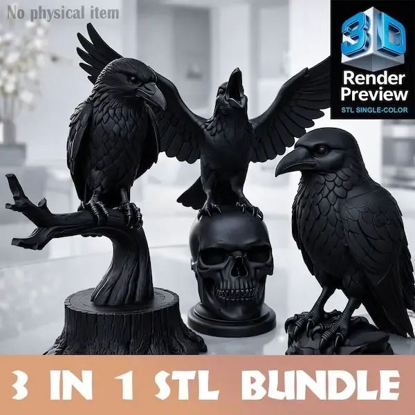 3 in 1 Raven Statue STL Bundle | Gothic Raven on Branch, Rav
