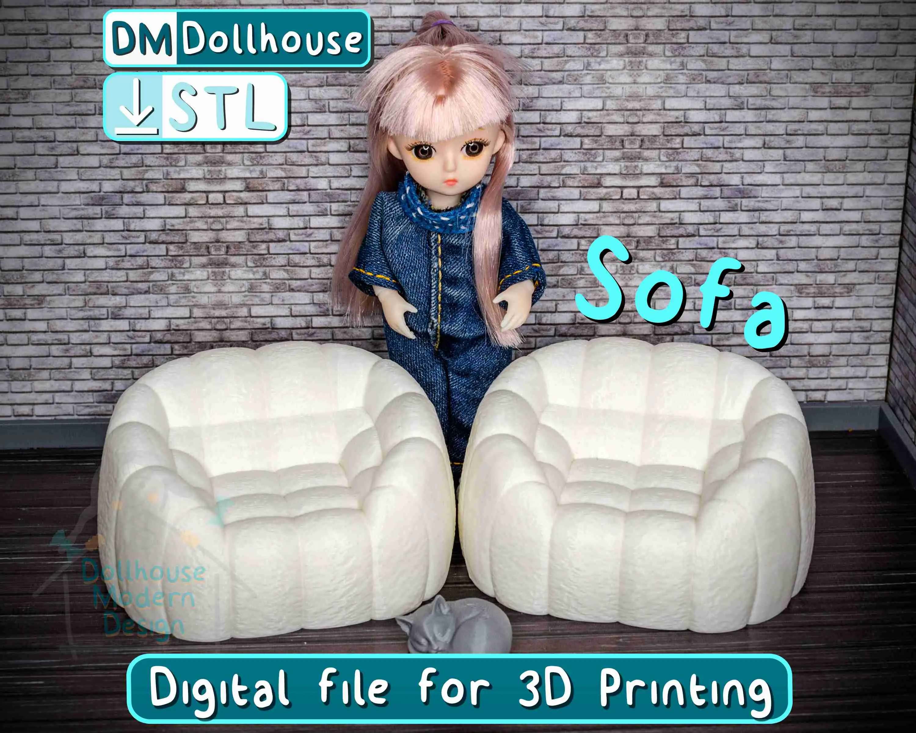 Modern dollhouse sofa 1:12 scale - miniature doll furniture.