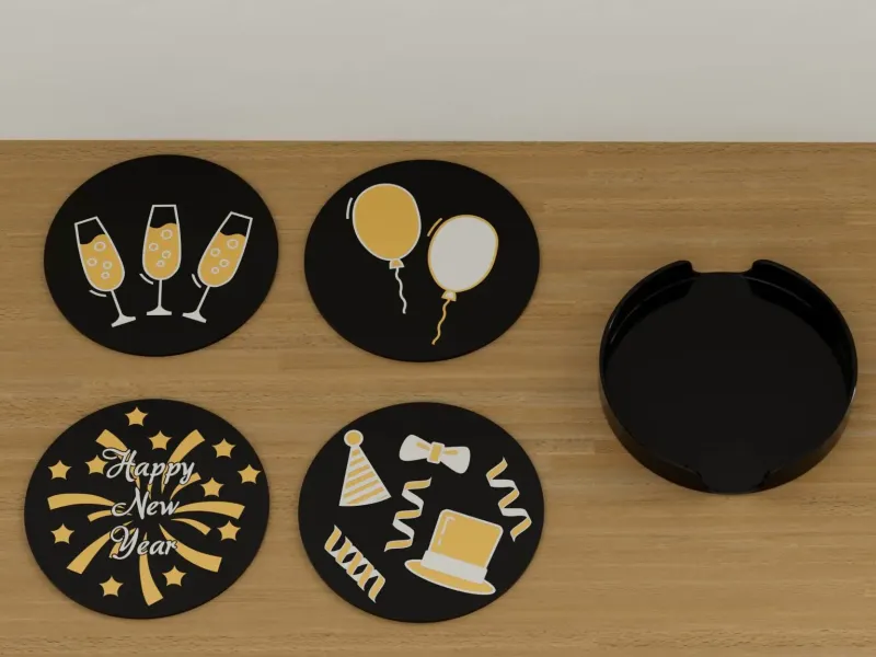 Coasters + holder - HAPPY NEW YEAR