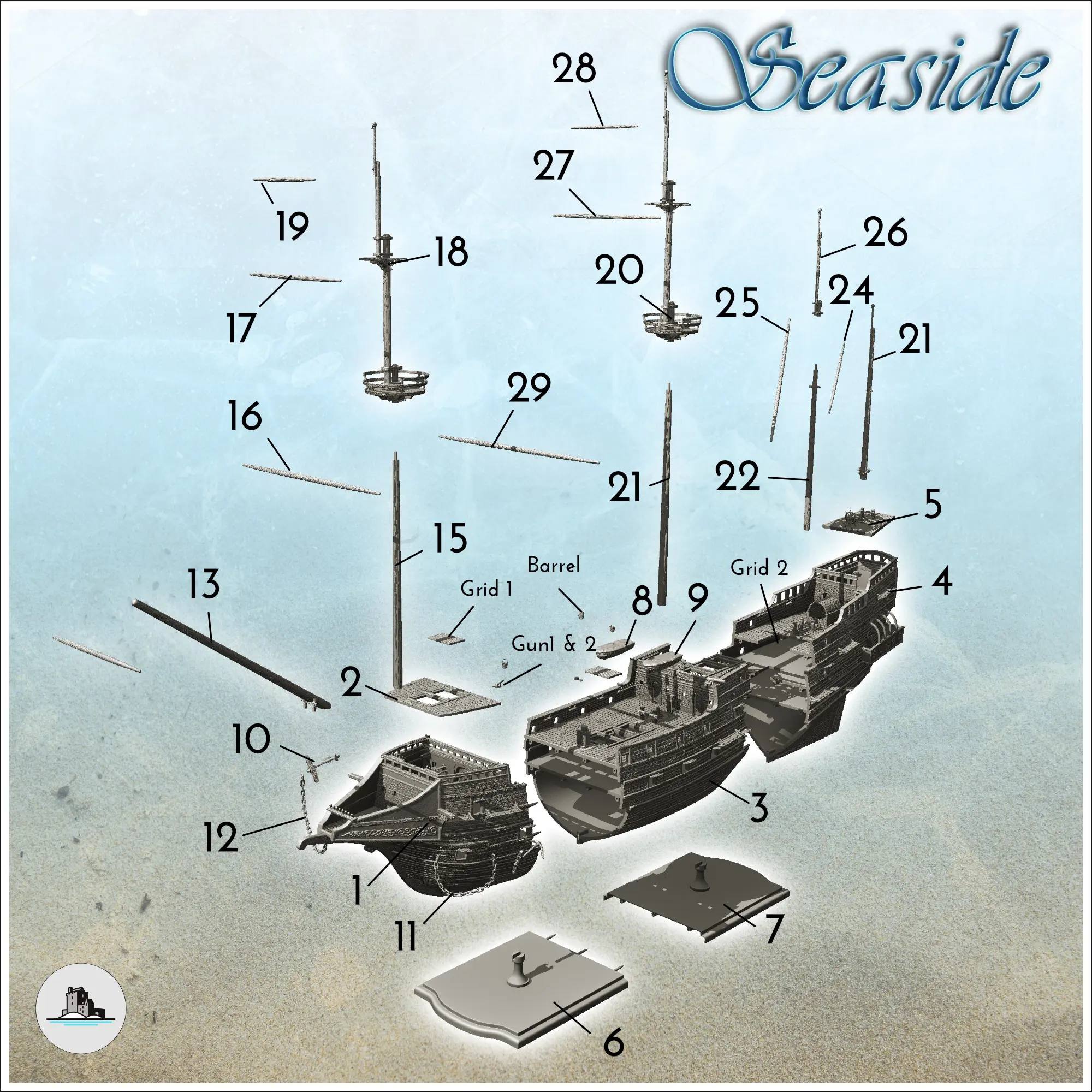 Sailing ship galleons with guns and accessories - boat minia