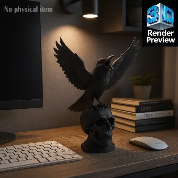 Raven on Skull Statue STL | Dark Gothic Bird Sculpture | Pri