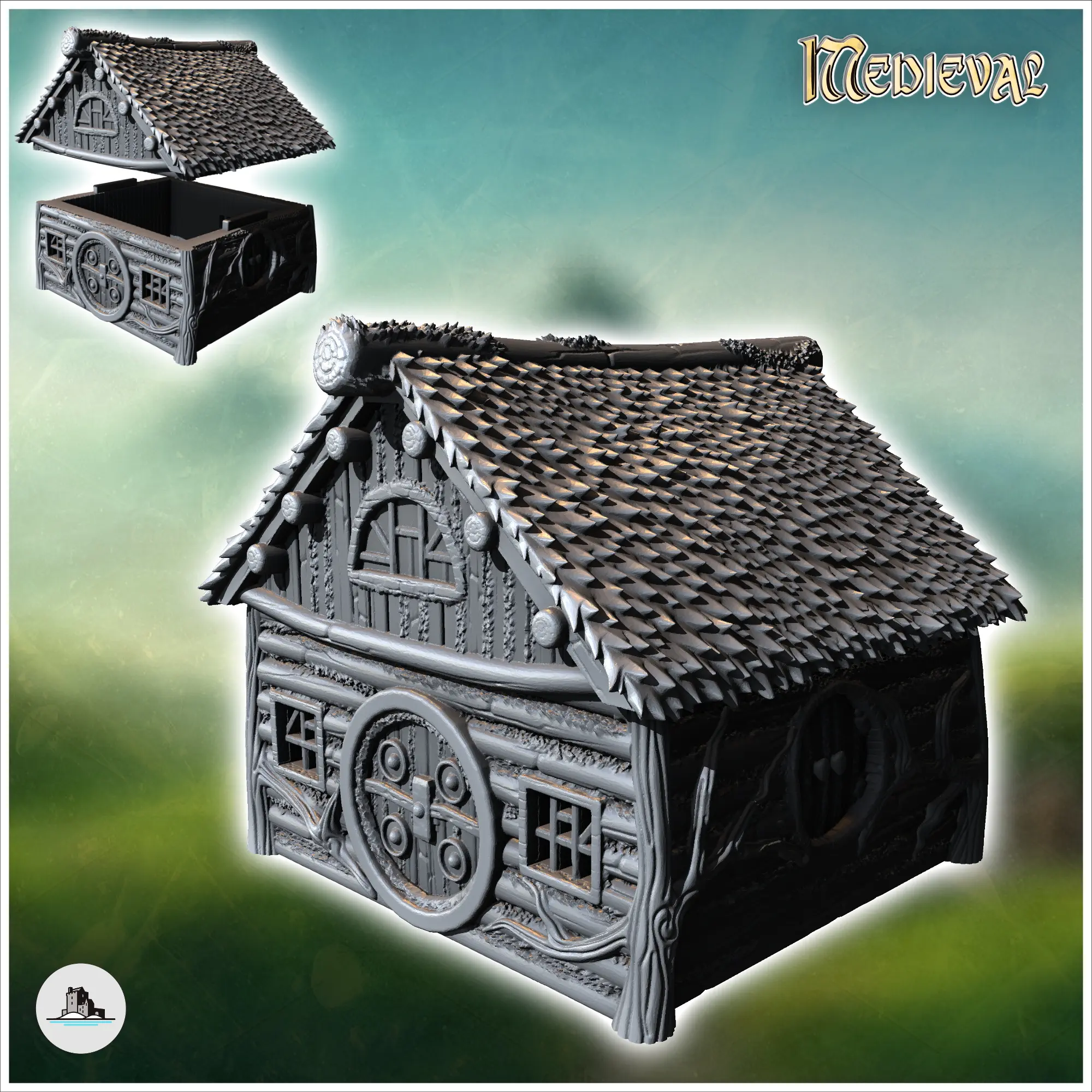 Casa medieval hobbit con puerta redonda y paredes de troncos (13) - m