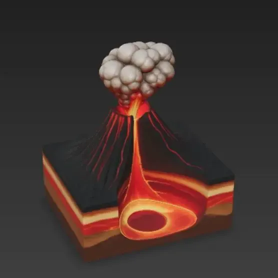 Volcano Cross Section STL Eruption Diorama Model 3D