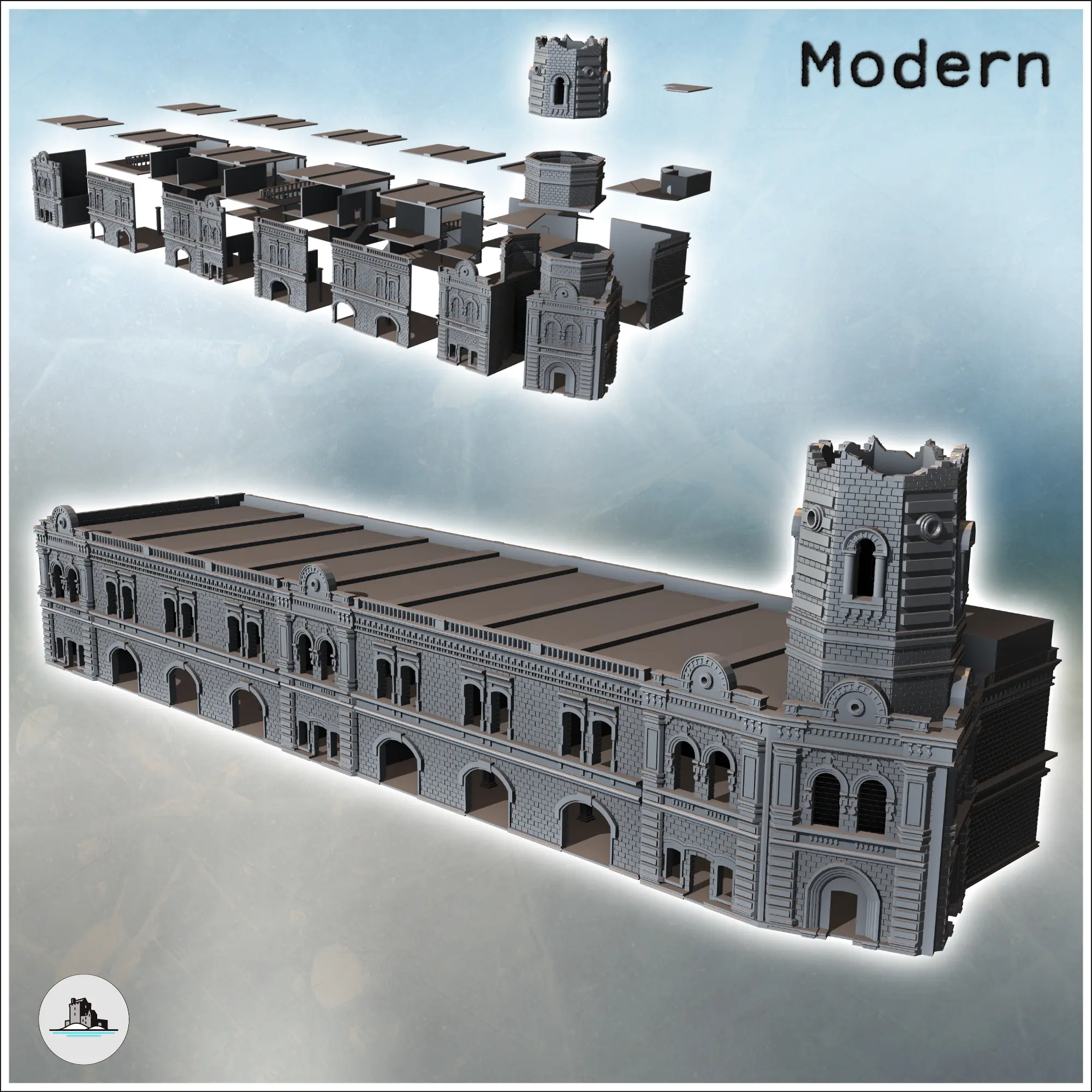 Large urban baroque-style fire station with corner tower (St