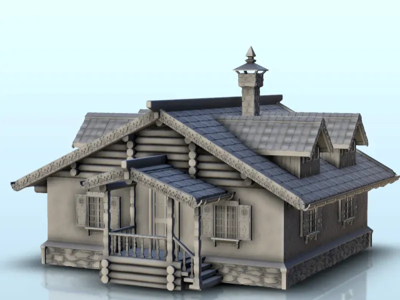 Slavic traditionnal house with canopy and engraved roof edge