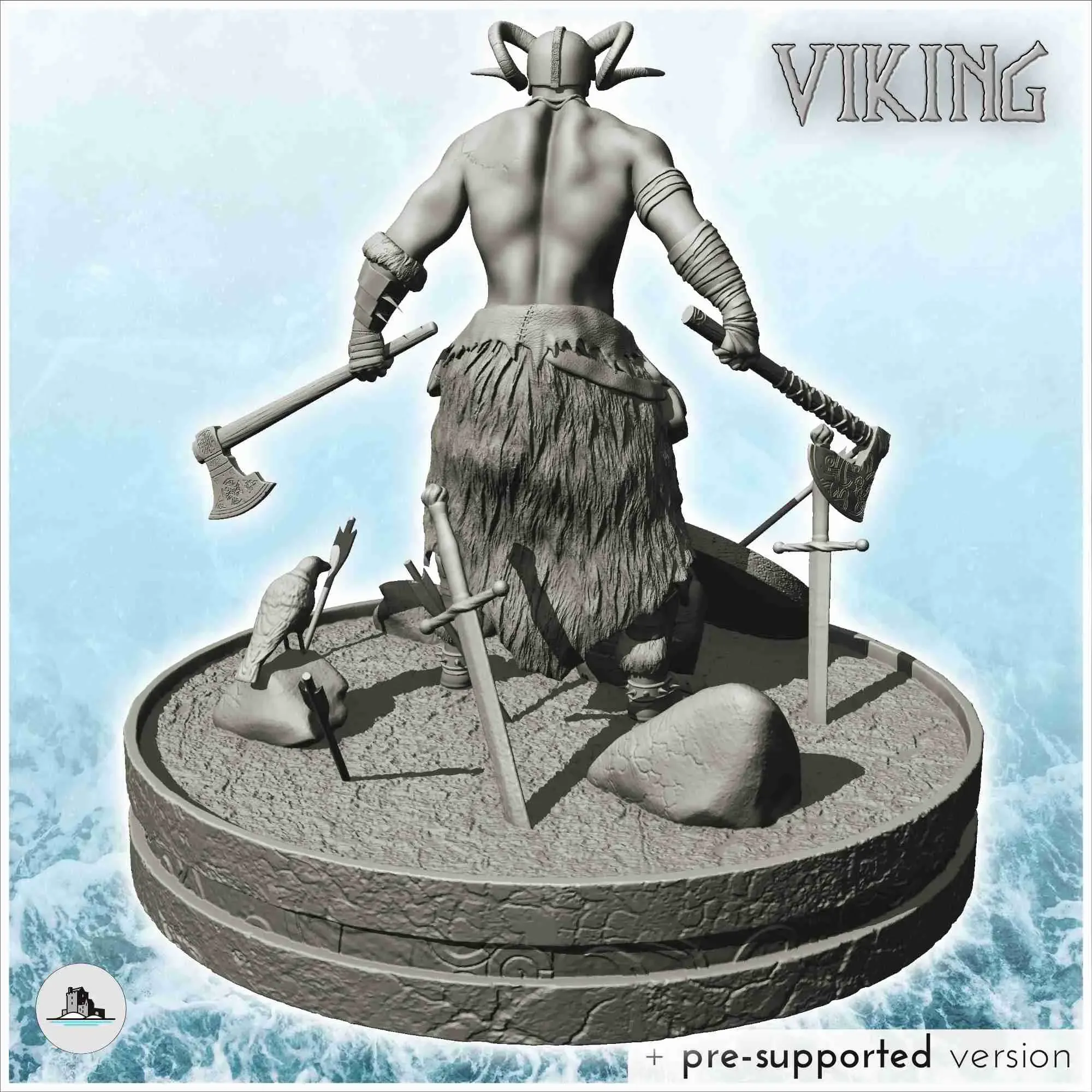 Viking warrior with horned helmet and double axes