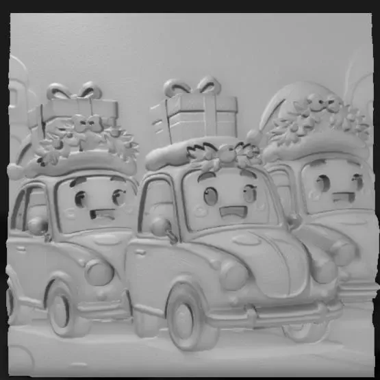 Line of Christmas cars with wreaths and gift roofs