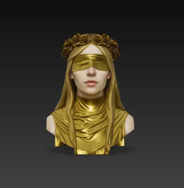 Golden Blindfolded Woman Bust with Rose Crown