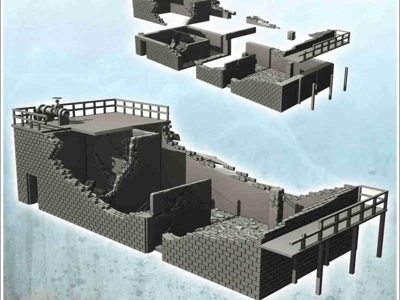 Bâtiment industriel en briques avec escalier et tuyauterie (en ruine)