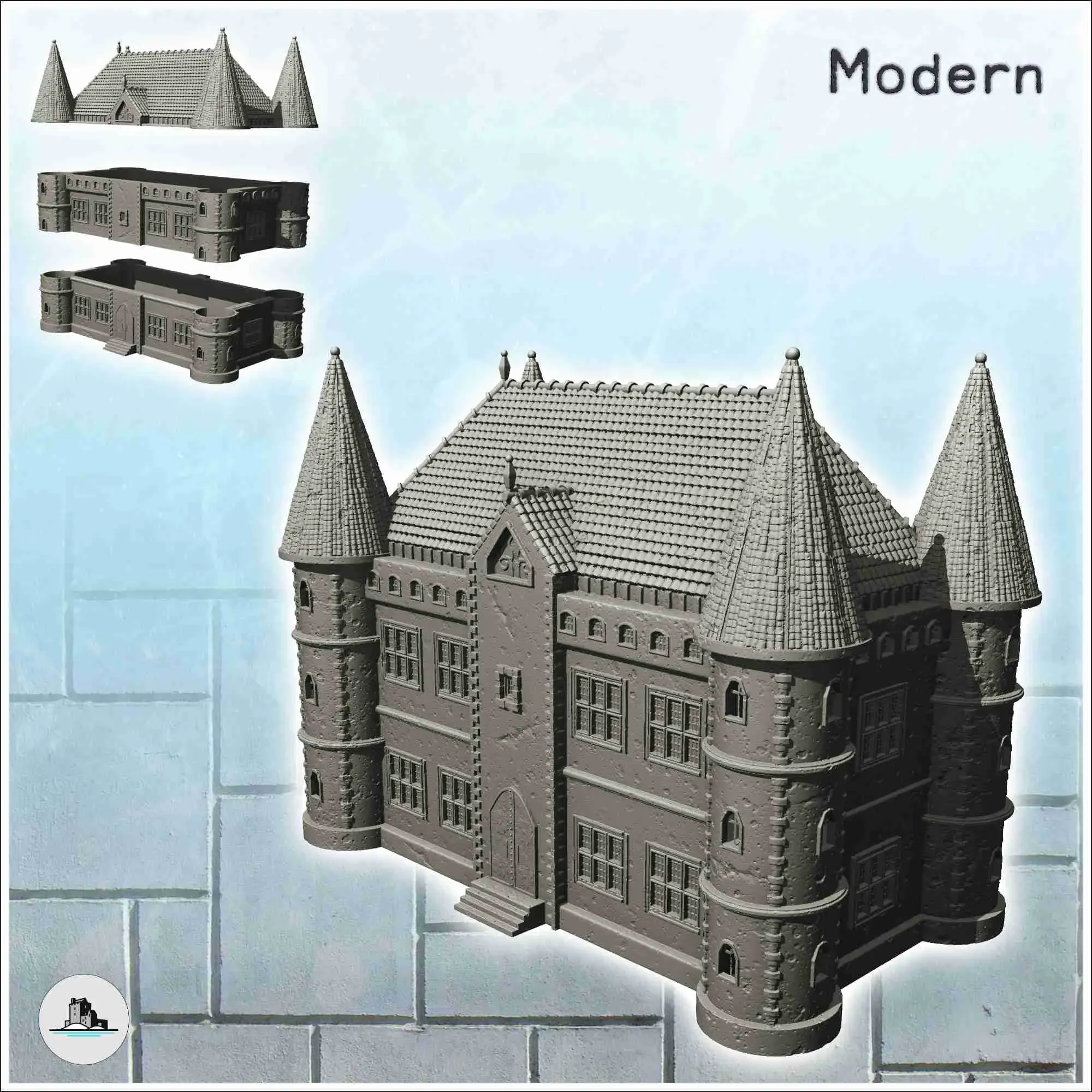 Large modern castle with quadruple corner towers and central