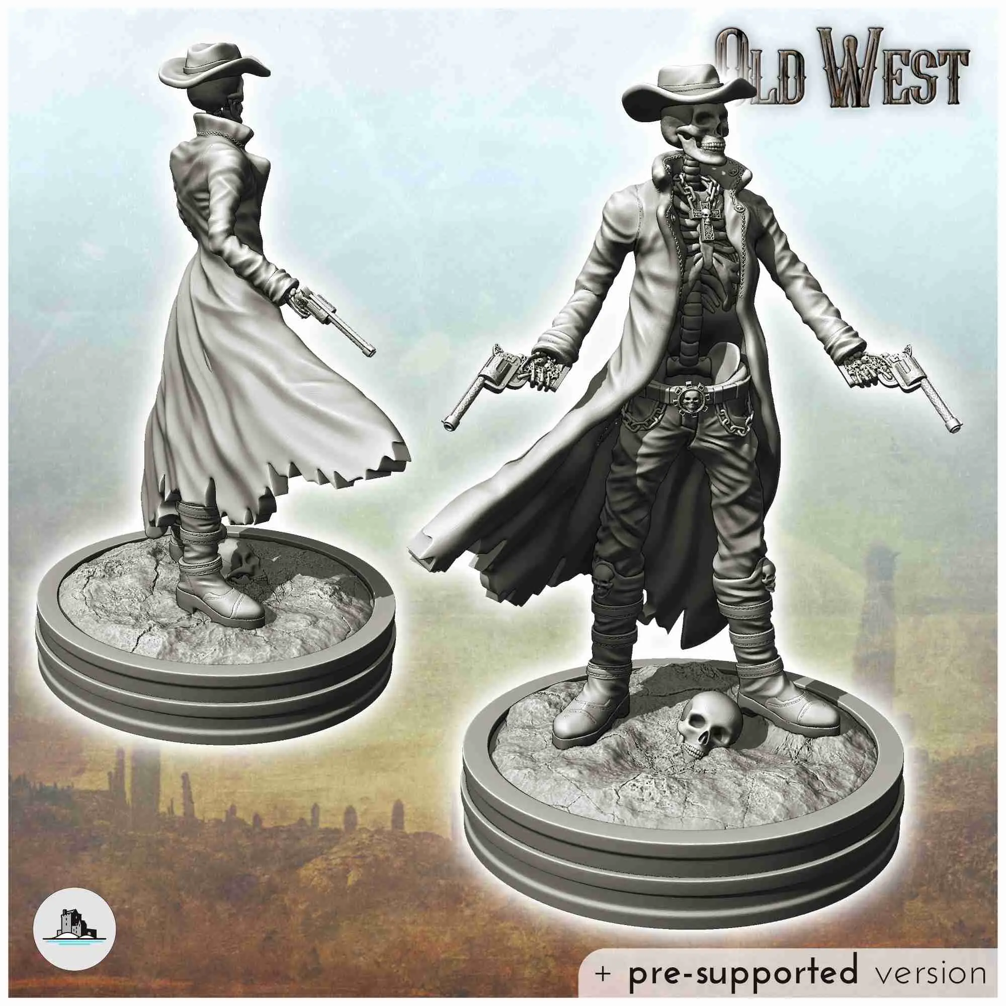 Skeleton cowboy with skull and two revolvers (10) - Old West