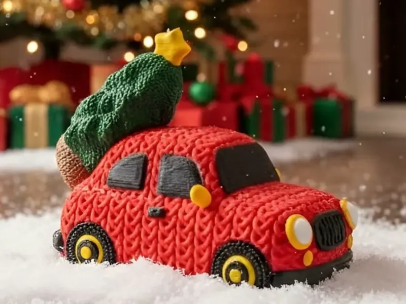 knitted Red car hauling a tree (cute)