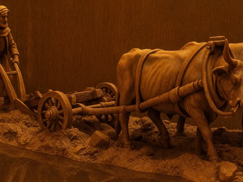 Farmer plowing with oxen sculpture
