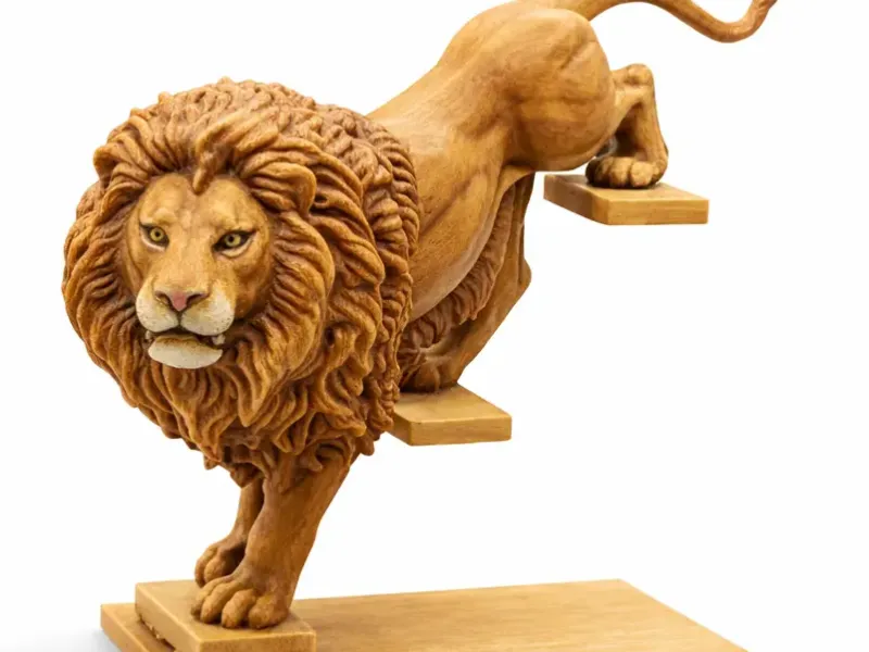 Lion walking up the stairs