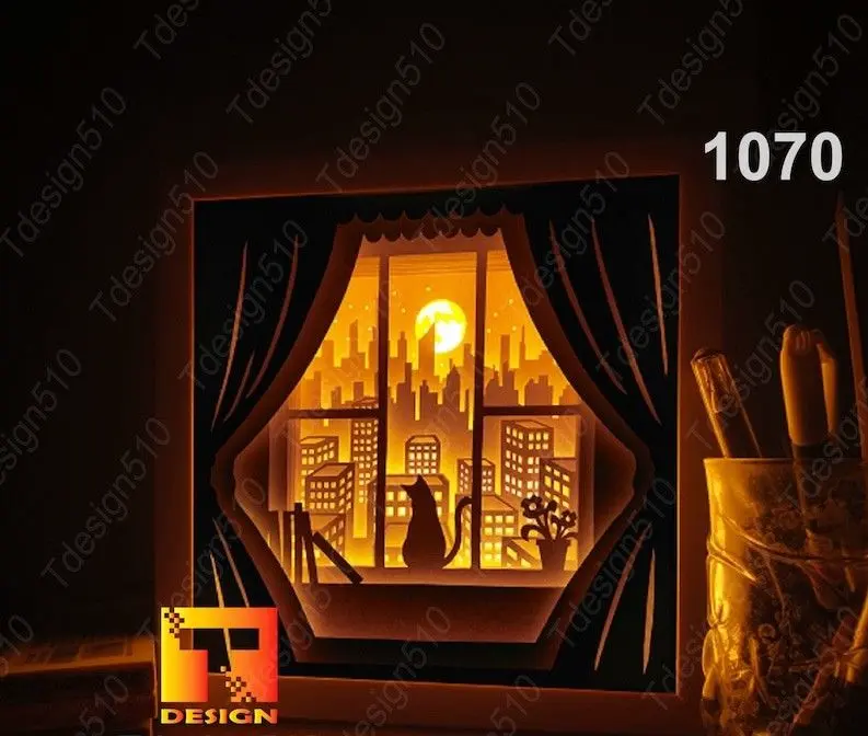Cat window in the city V2 shadow box