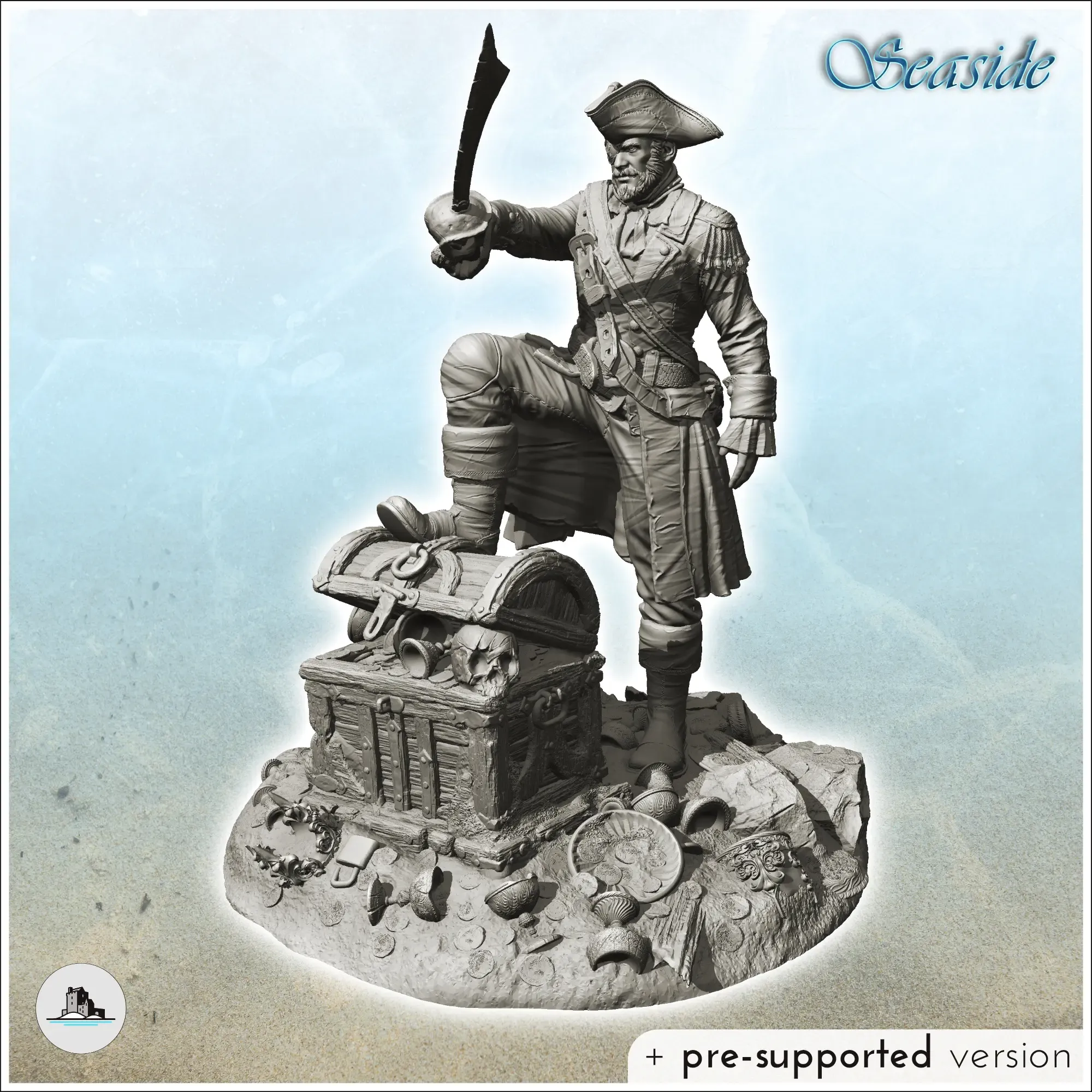 Pirate with sword on treasure chest - figure miniatures
