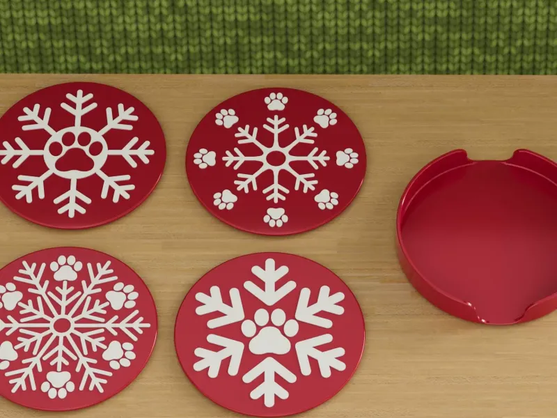 Christmas coasters + holder with dog paw