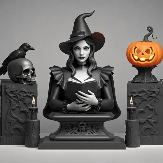 25  Witch with Spell book, Skull, Raven and Pumpkin  Color