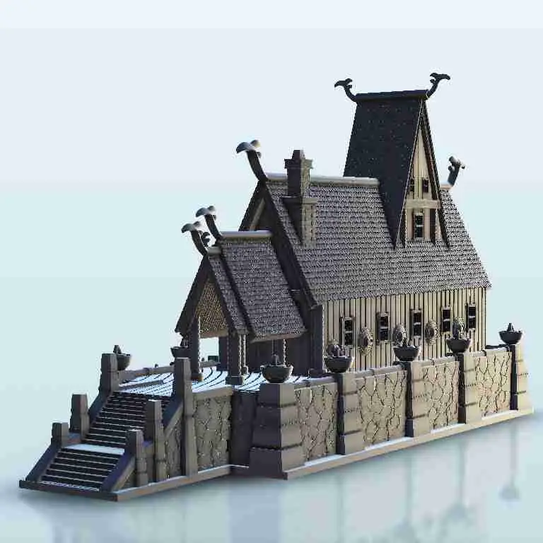 Gran templo vikingo con escaleras - escenografía medieval en miniatura