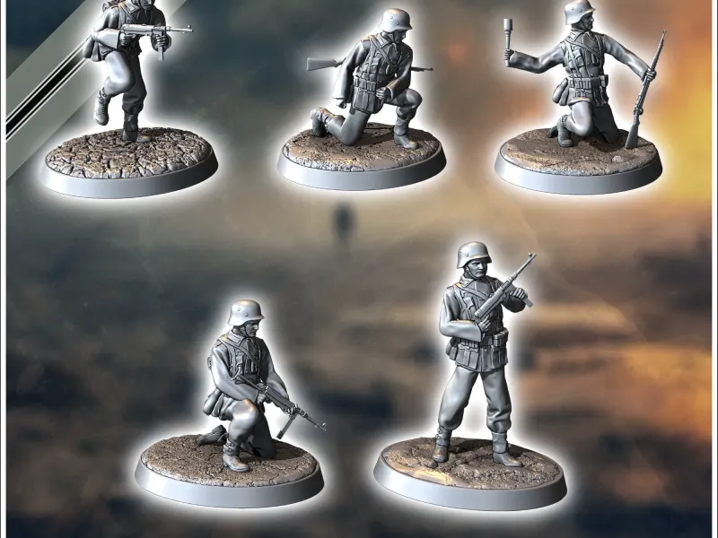 Set of five German WW2 infantry troops (with MP40) - WW2 min