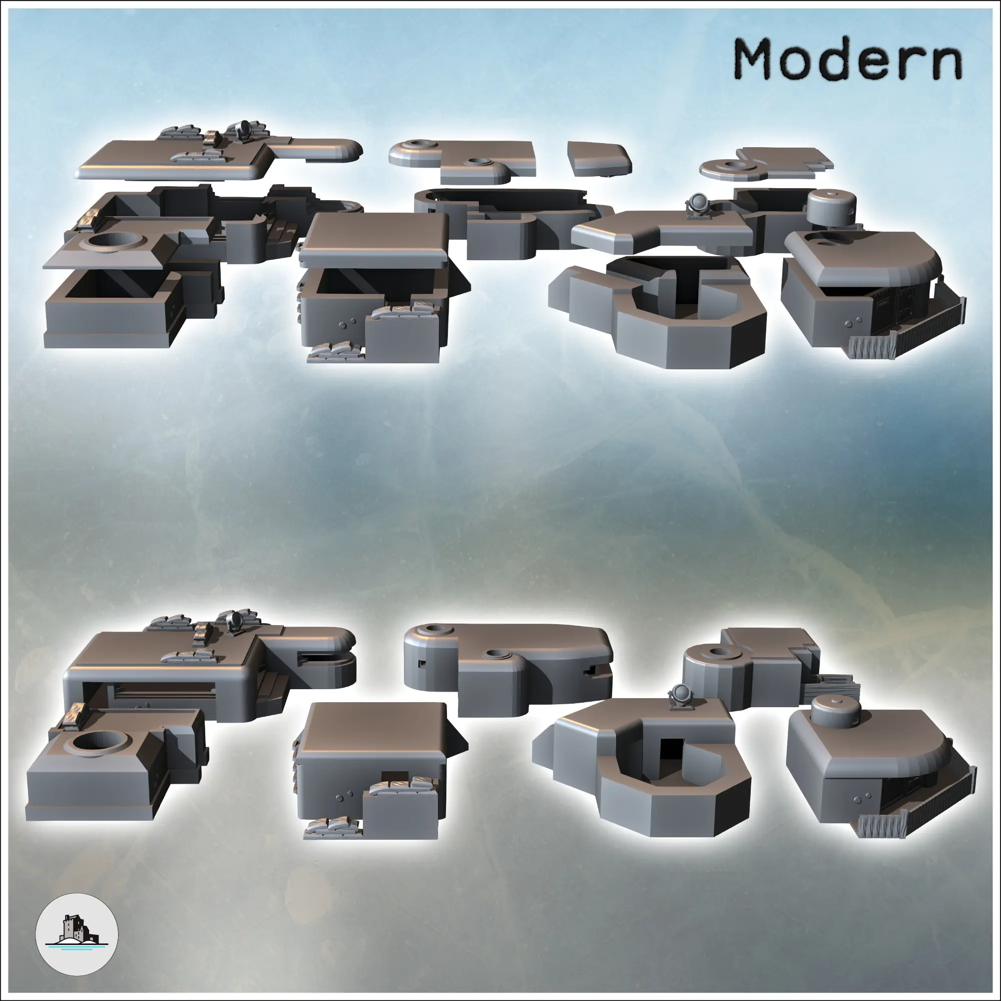 Set of seven military bunkers with different configurations