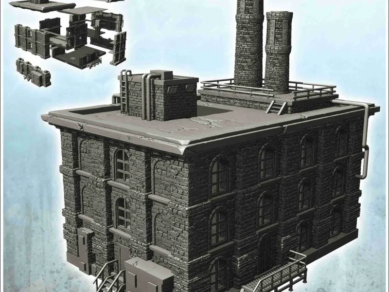 Large modern brick industrial factory with flat roof with do