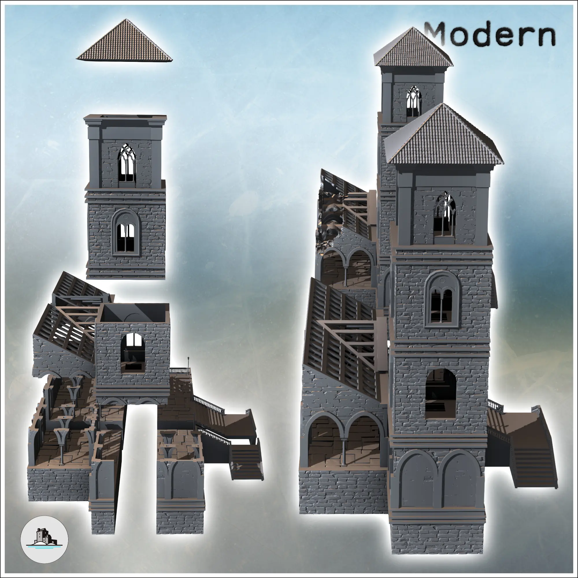 Set of two modern buildings with a tower, gothic arches, and | 3D ...