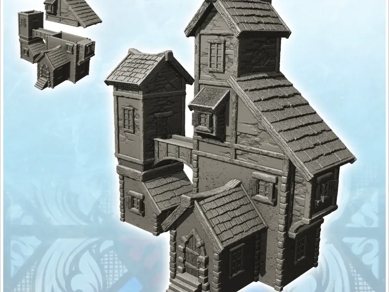 Large medieval building with suspended passage between annex