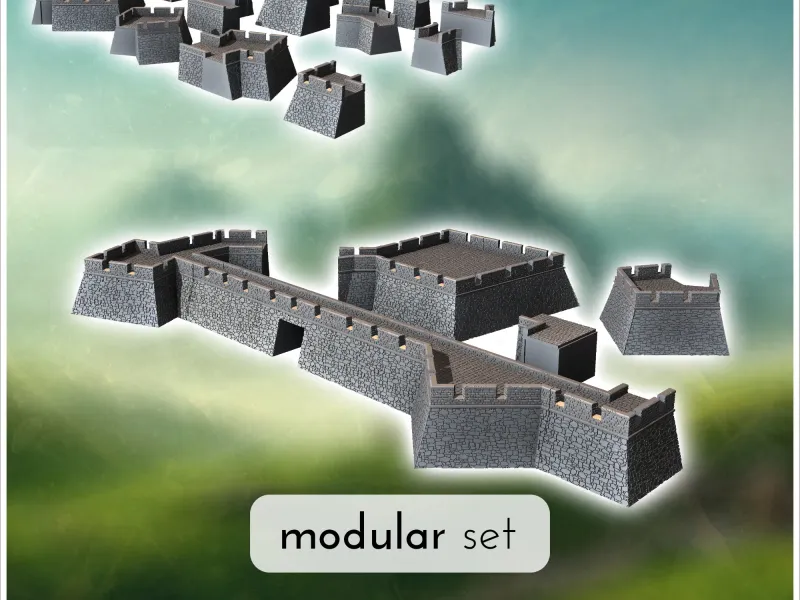 Set modulare di mura difensive in pietra con fortificazioni (2) - miniat