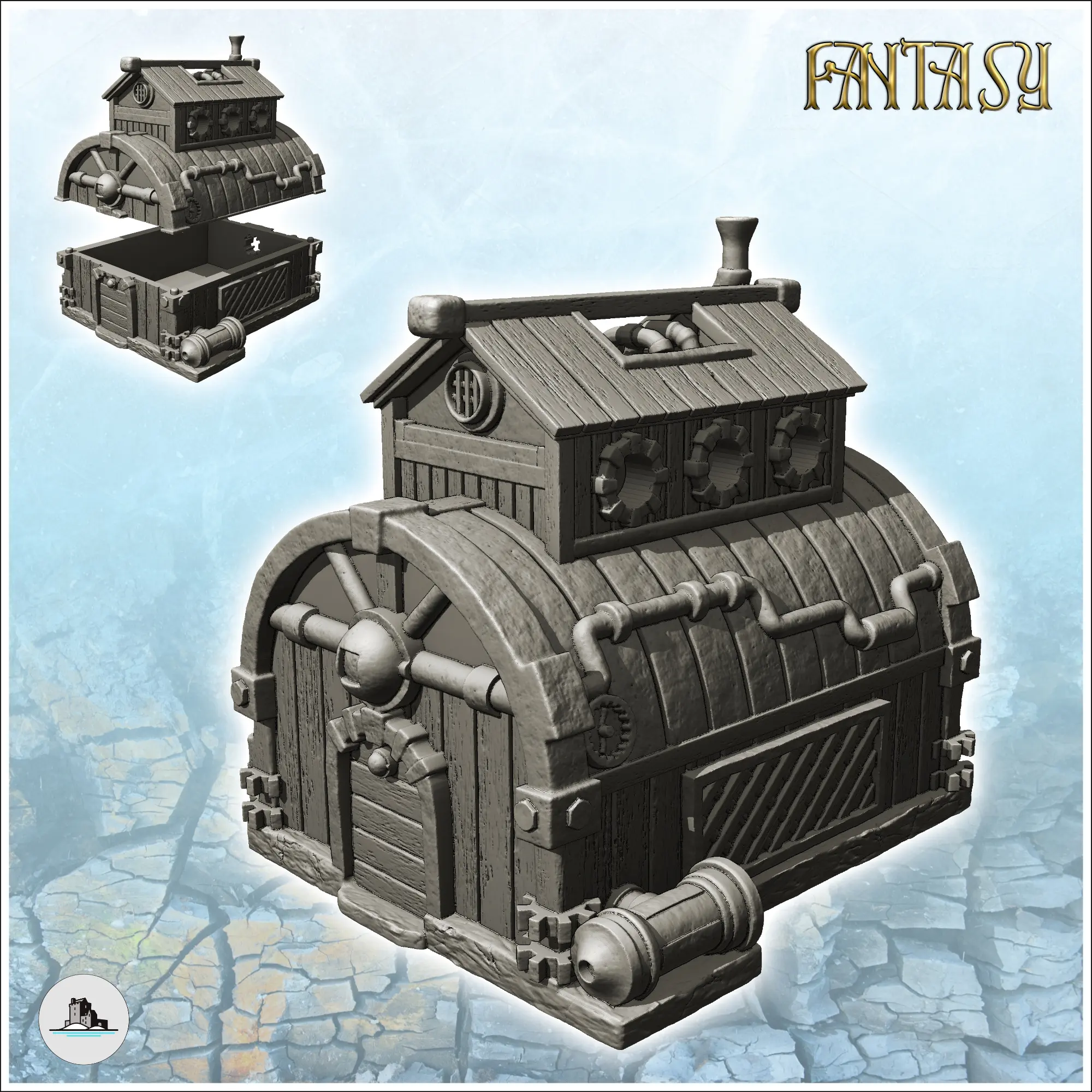 Steampunk building with exterior pipes and rounded roof (2)