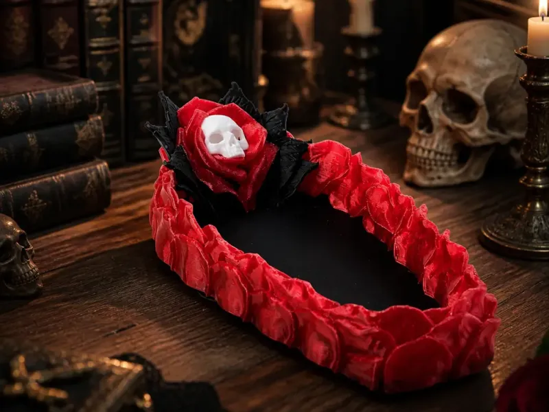 Gothic Rose Coffin Jewelry Tray with Skull