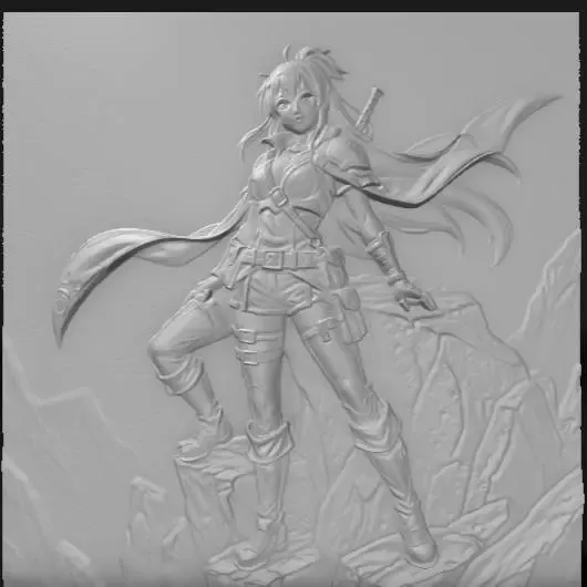 sexy anime adventurer perched on rocky peak,