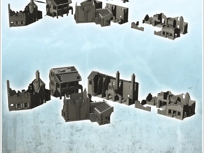 Set of five ruined European houses with plaster and stone wa