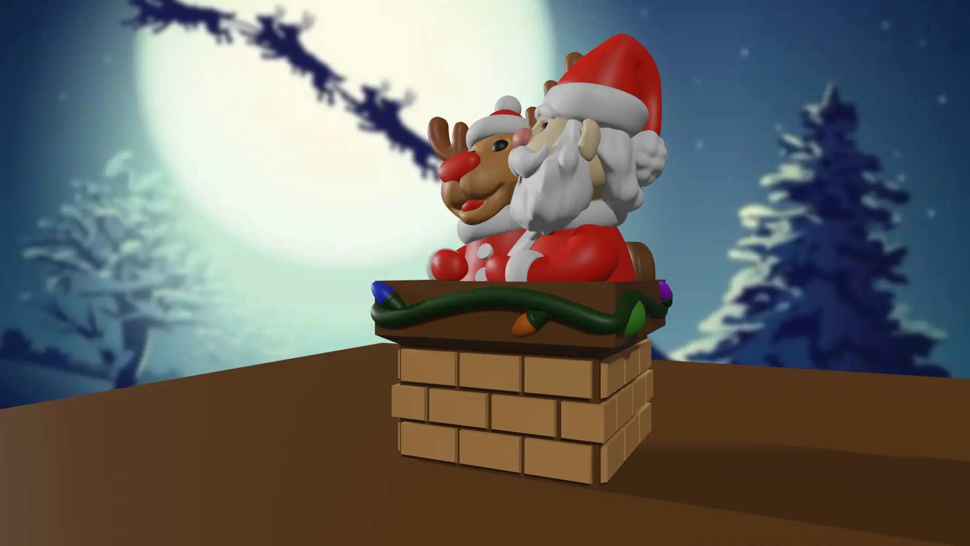 SANTA AND REINDEER IN CHIMNEY