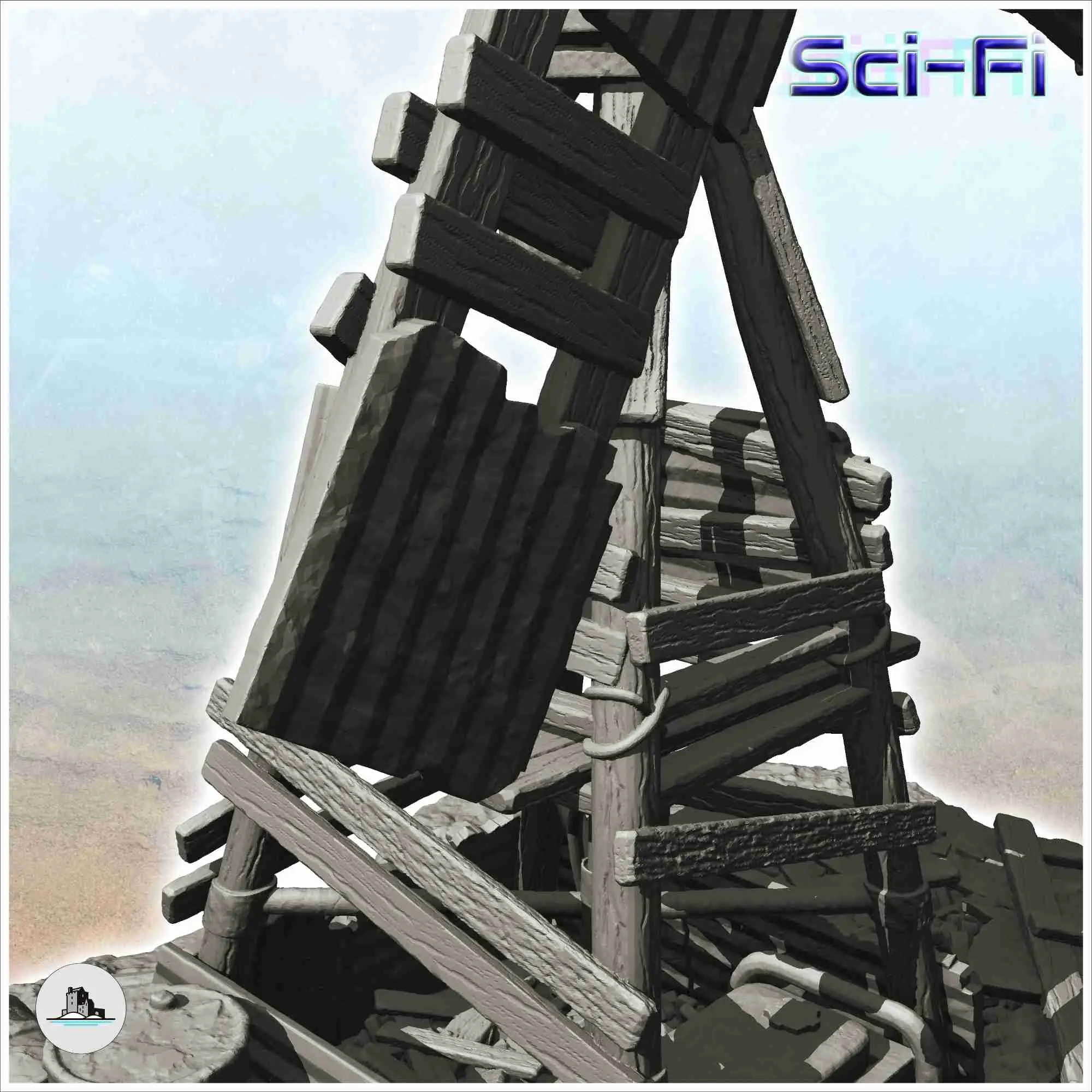 Post-apocalyptic wind turbine made of sheet metal and wood w
