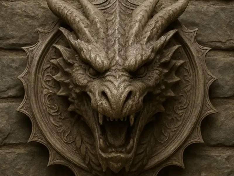 An intricately carved wooden plaque bust of a dragon