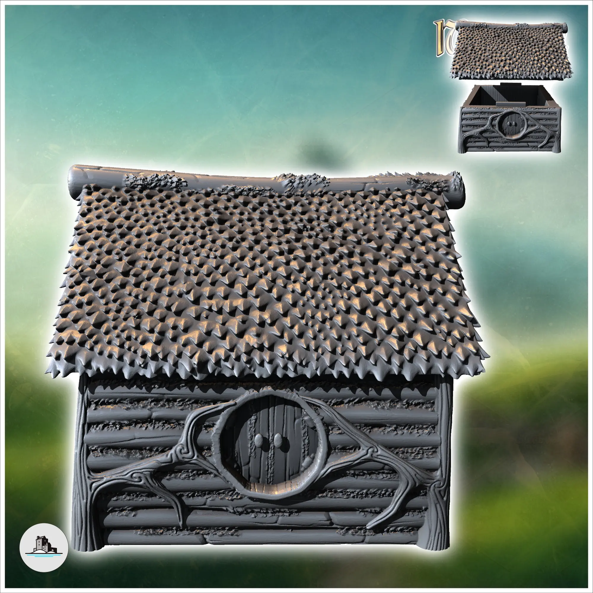 Casa medieval hobbit con puerta redonda y paredes de troncos (13) - m