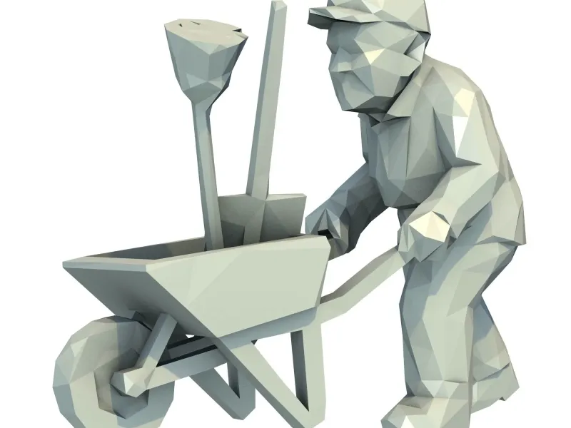 Man Pushing Wheelbarrow Low Poly