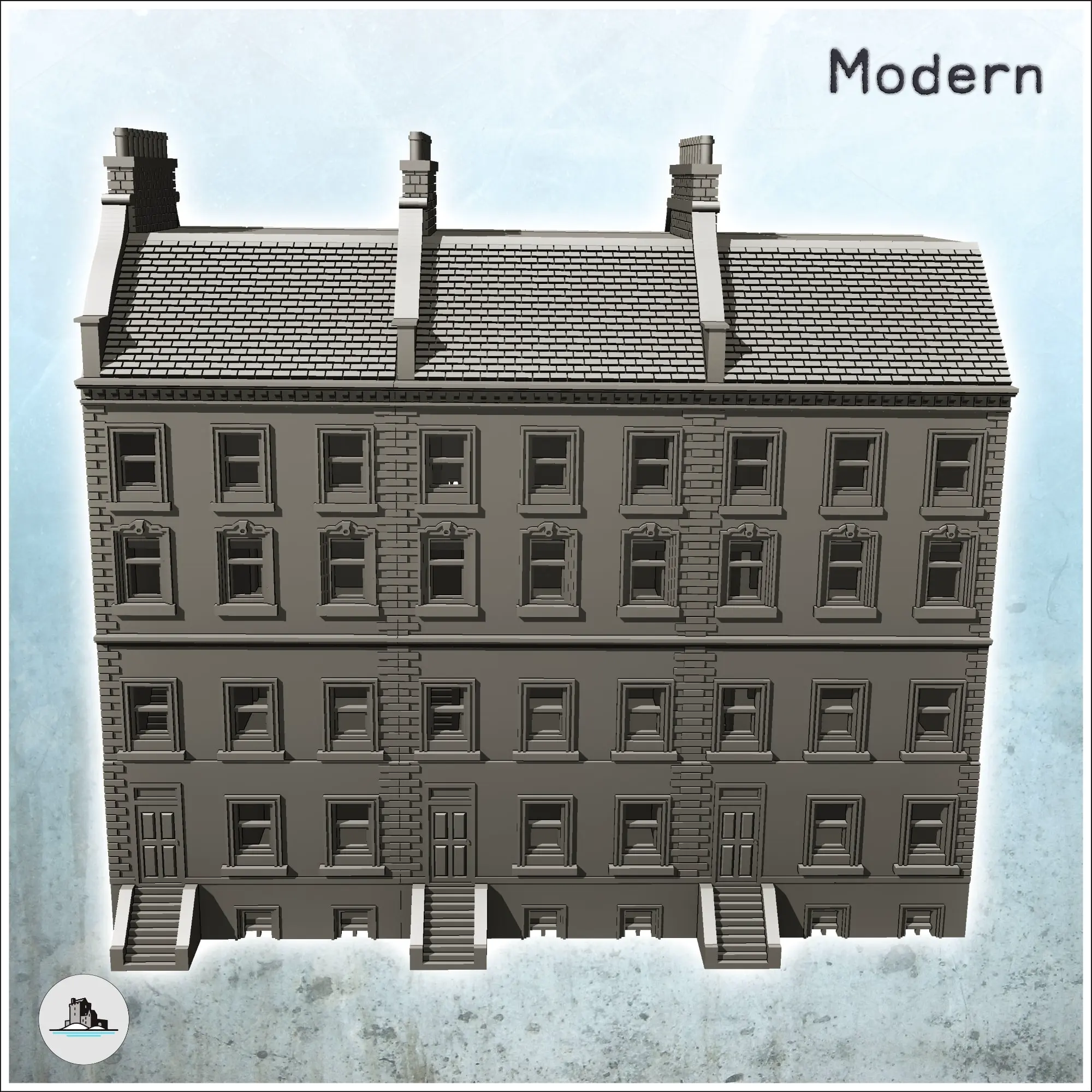 Large modern building with balcony and chimneys with low wal