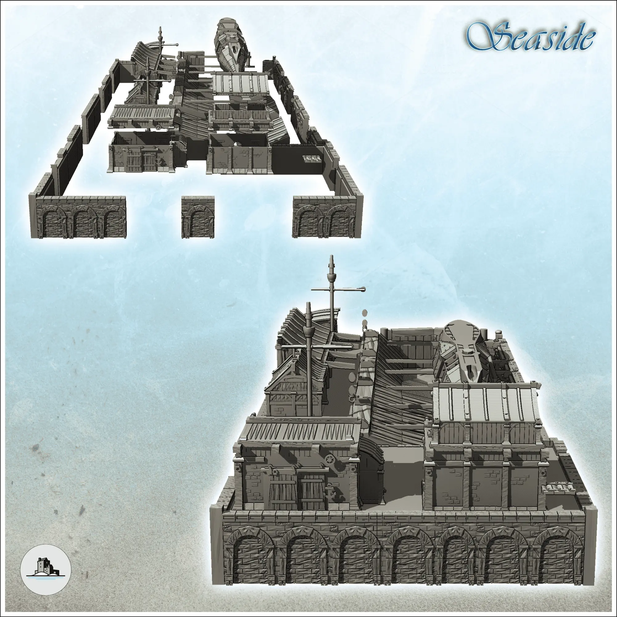 Medieval shipyard with ship hull and ancillary buildings on