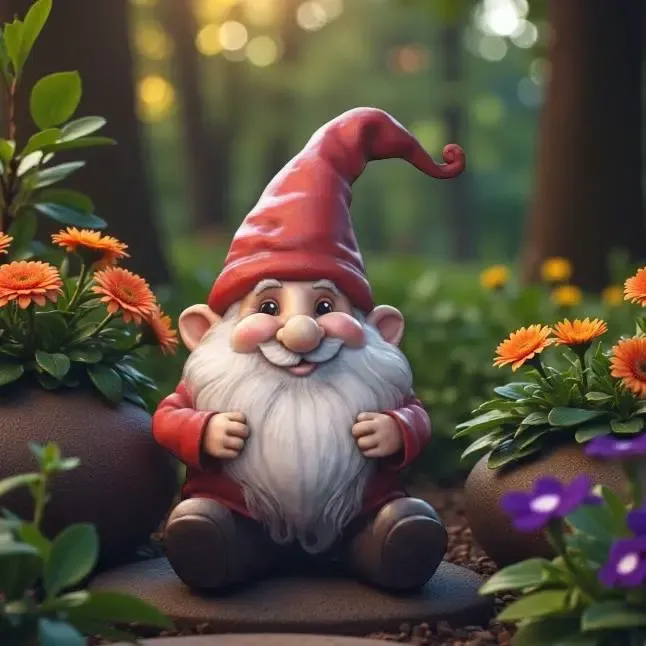 Smiling gnome sitting with full beard