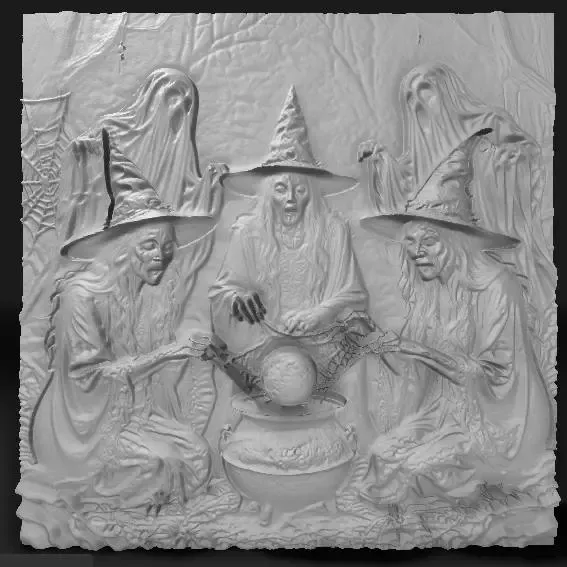 Three witches gathered around a moonlit cauldron,