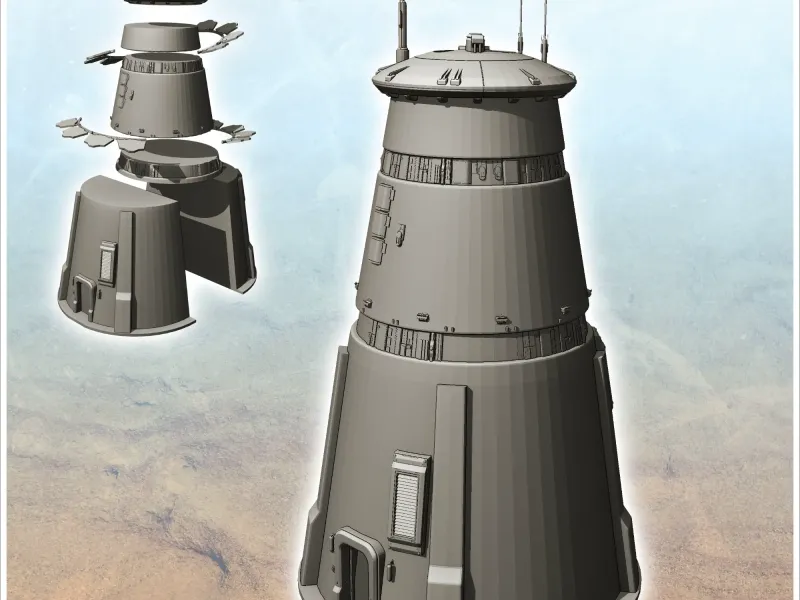 Futuristic round cone tower with roof antennas and air vents